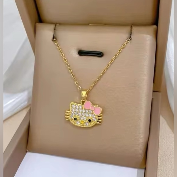 Hello Kitty Jewelry - 18K Gold Plated Hello Kitty Head W/ Enameled Bow Pave Diamond Inlay Necklace